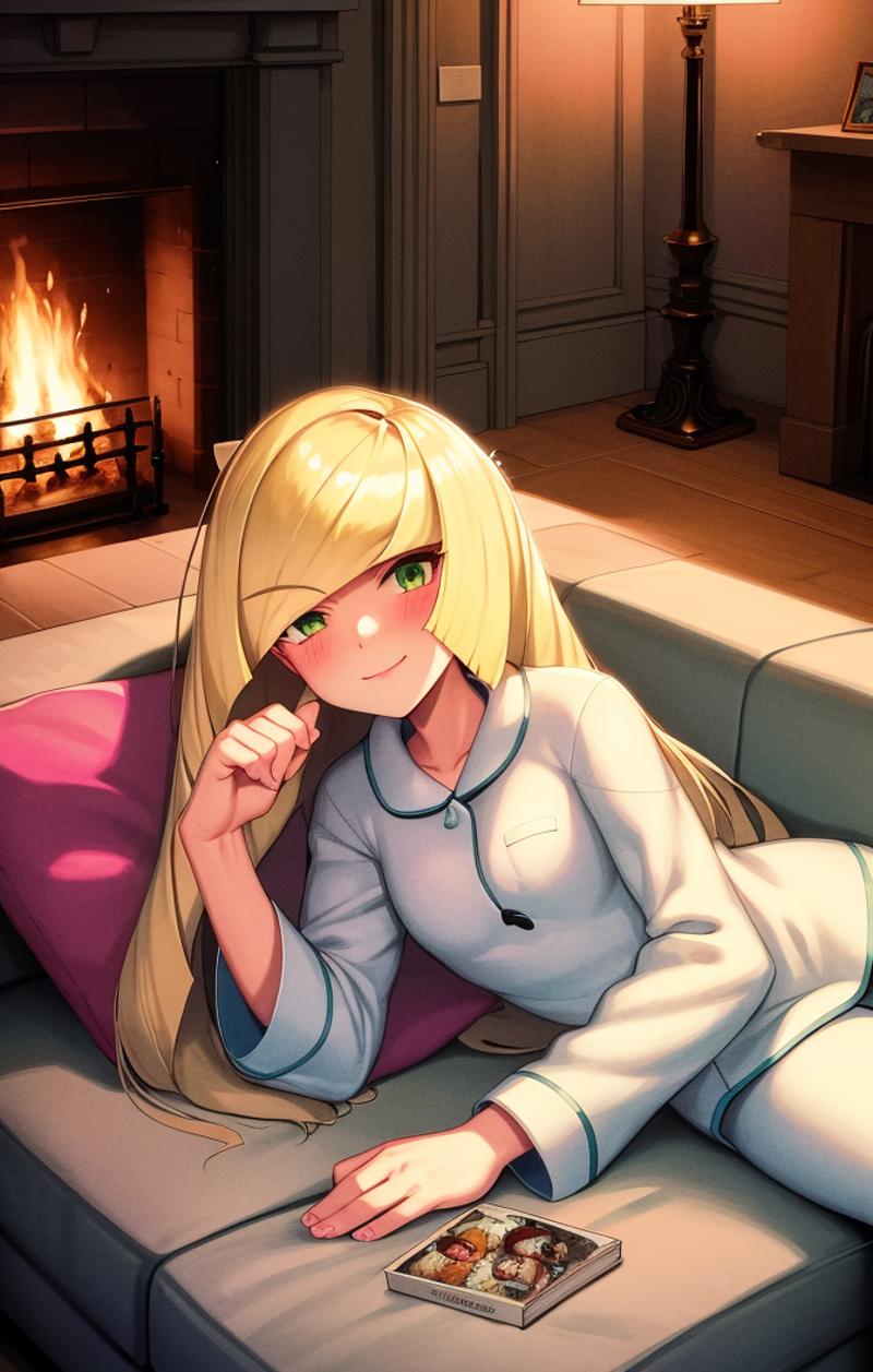 43981-201665765-soft lighting, painted, ink, outlines, glowing, indoors, living room, fireplace, pajamas, laying on couch, lusamine [pokemon], 1.png